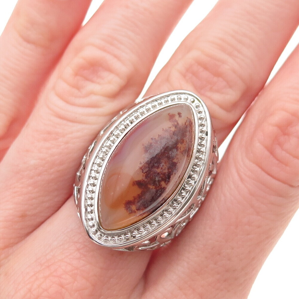 Ken Crafts 925 Sterling Silver Real Agate Floral Scroll Ring Size 7.25